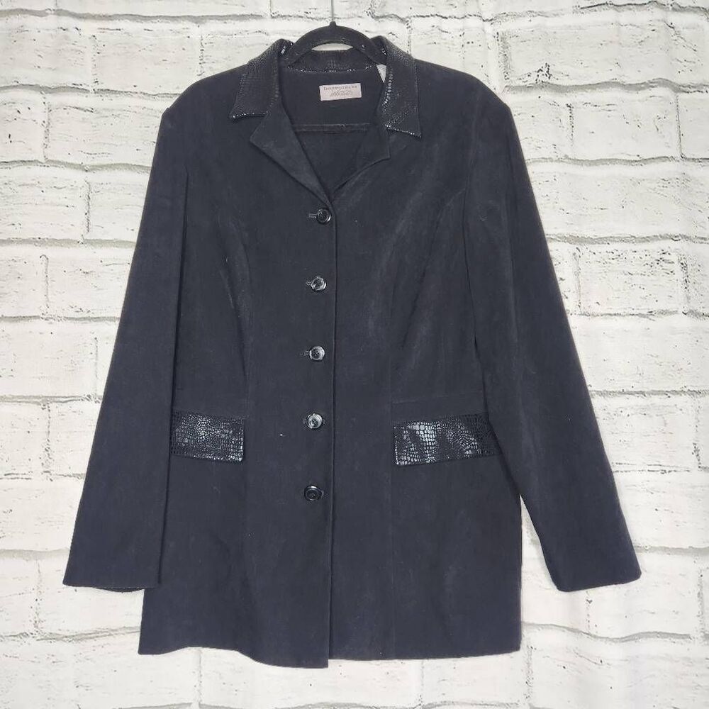 Lord & Taylor Womens Black Suede Snakeskin Button Front Blazer Jacket Size 14